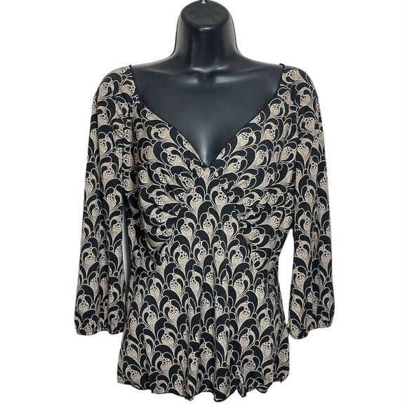 Max Studio Tops - Vtg Max Studio Top Womens Small Blouse Black Gold Balloon Sleeve V Neck 90s Y2K